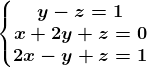 \left\\beginmatrix y-z=1\\x+2y+z=0 \\2x-y+z=1 \endmatrix\right.